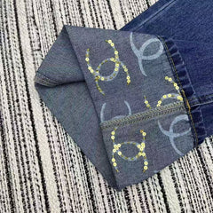 25 Early Spring Logo Print Sequined Denim Straight Leg Pants