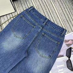 25 Early Spring Logo Print Sequined Denim Straight Leg Pants