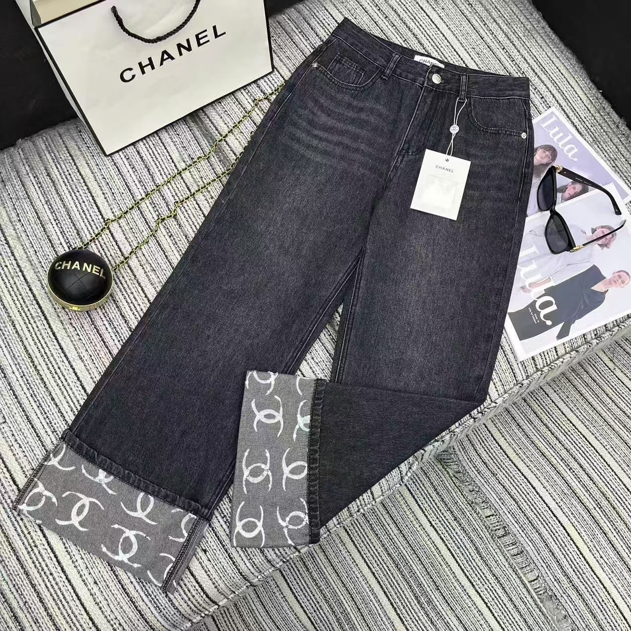 Pantalon droit en denim à paillettes avec logo imprimé Early Spring
