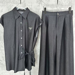 25 Early Spring Silk Denim Bandage + Elastic Waist Wide Leg Pants Set