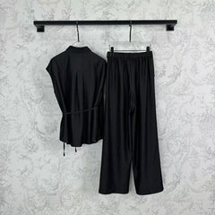 25 Early Spring Silk Denim Bandage + Elastic Waist Wide Leg Pants Set