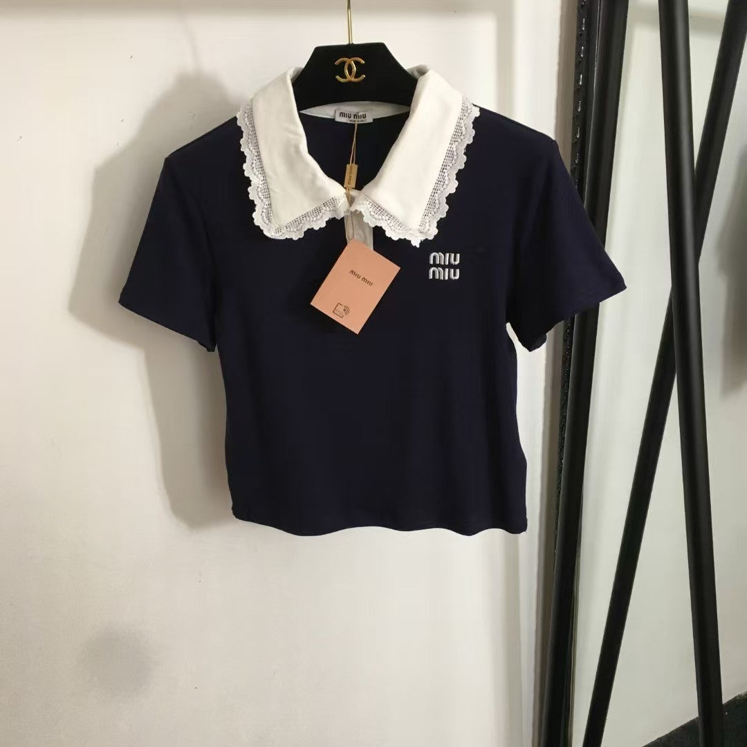 25 nouveaux logos simples brodés, manches courtes à revers en dentelle assorties