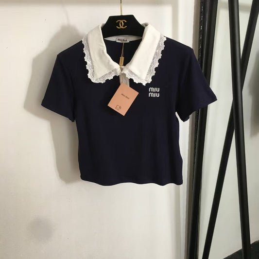 25 nouveaux logos simples brodés, manches courtes à revers en dentelle assorties