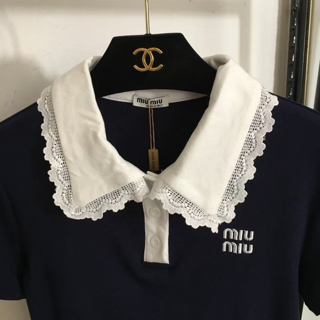 25 nouveaux logos simples brodés, manches courtes à revers en dentelle assorties