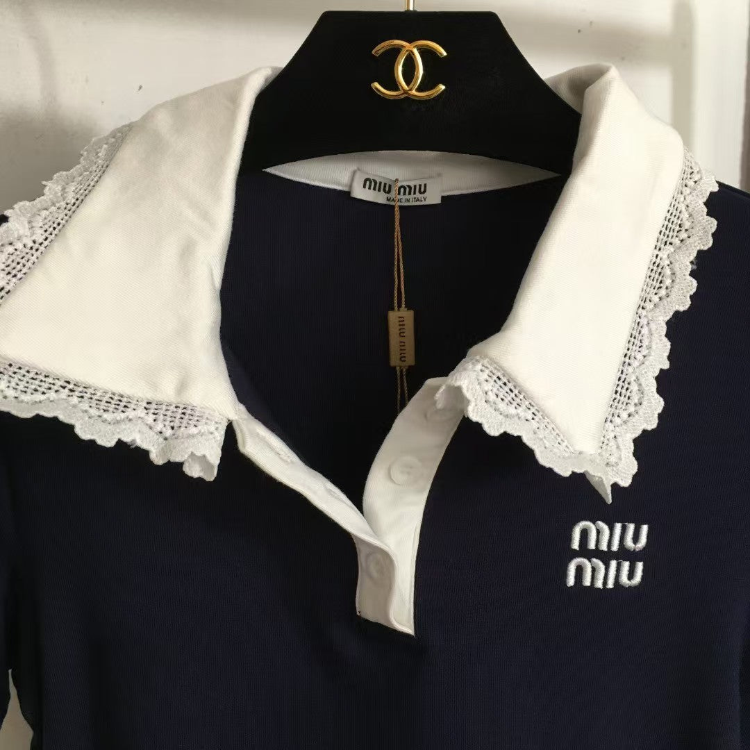 25 nouveaux logos simples brodés, manches courtes à revers en dentelle assorties