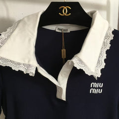 25 nouveaux logos simples brodés, manches courtes à revers en dentelle assorties
