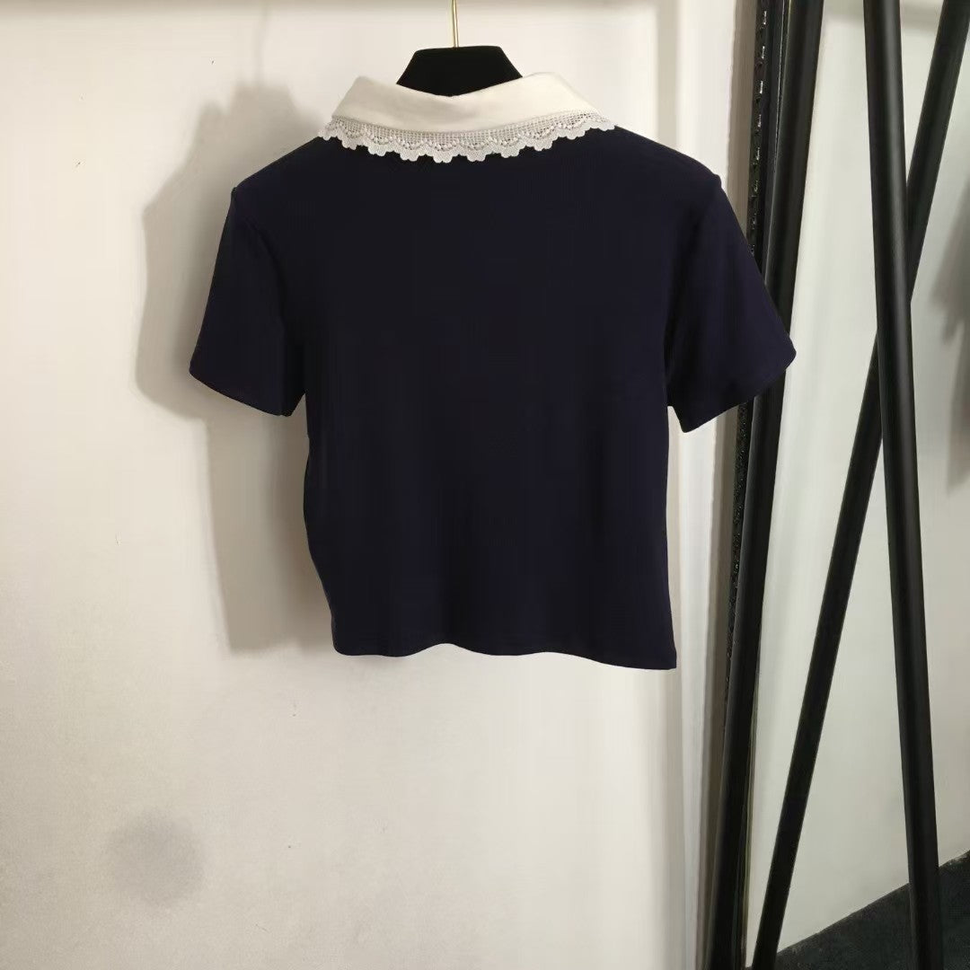 25 nouveaux logos simples brodés, manches courtes à revers en dentelle assorties