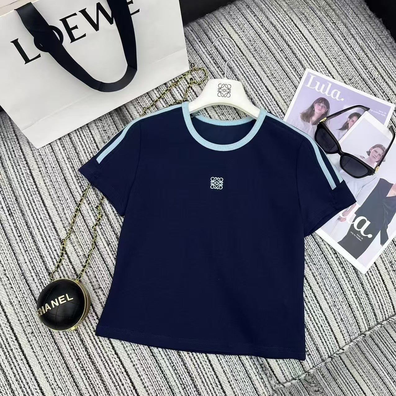 Contrast color short-sleeved elastic waist wide-leg pants suit