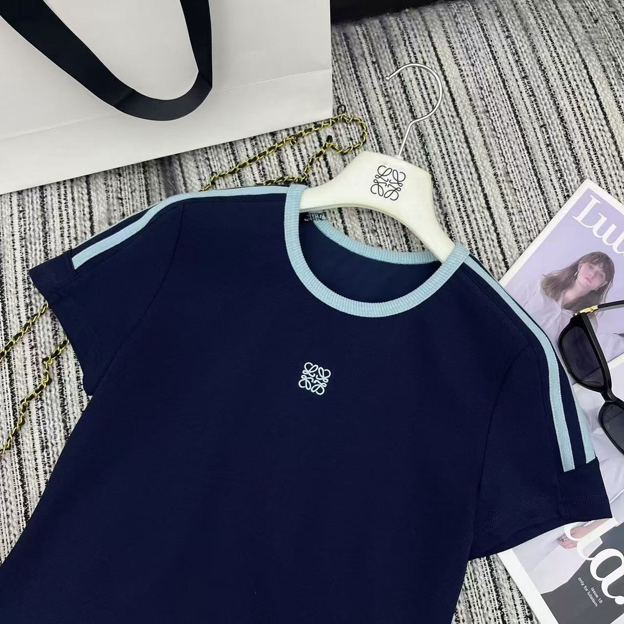 Contrast color short-sleeved elastic waist wide-leg pants suit