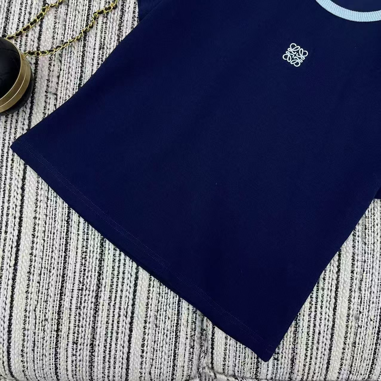 Contrast color short-sleeved elastic waist wide-leg pants suit