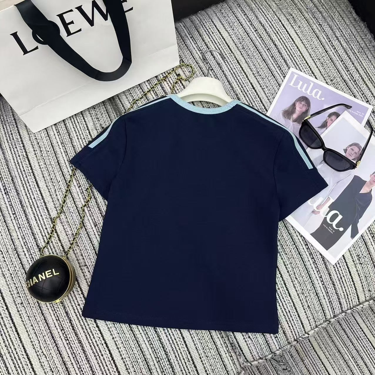 Contrast color short-sleeved elastic waist wide-leg pants suit