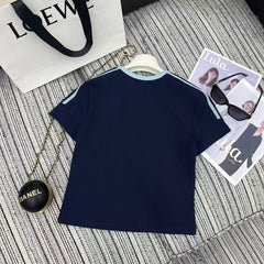 Contrast color short-sleeved elastic waist wide-leg pants suit