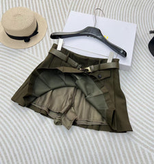 25 new army green belt pleated skirt