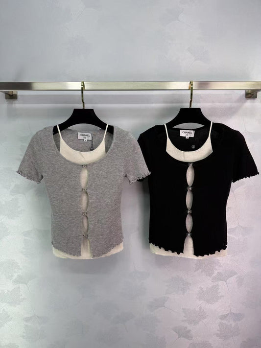 Fake two-piece hollow knit short sleeves