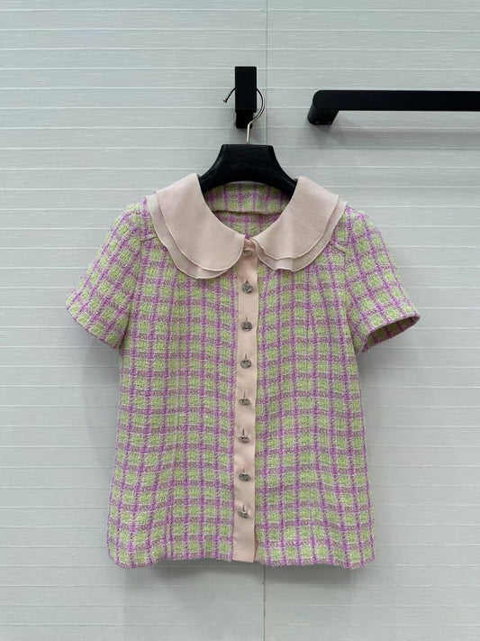 Seidenoberteil mit kurzen Ärmeln und Babydoll-Kragen