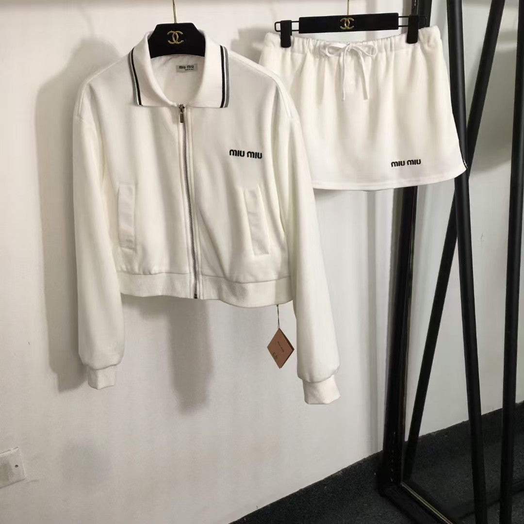 Fashionable lapel zipper short jacket + skirt