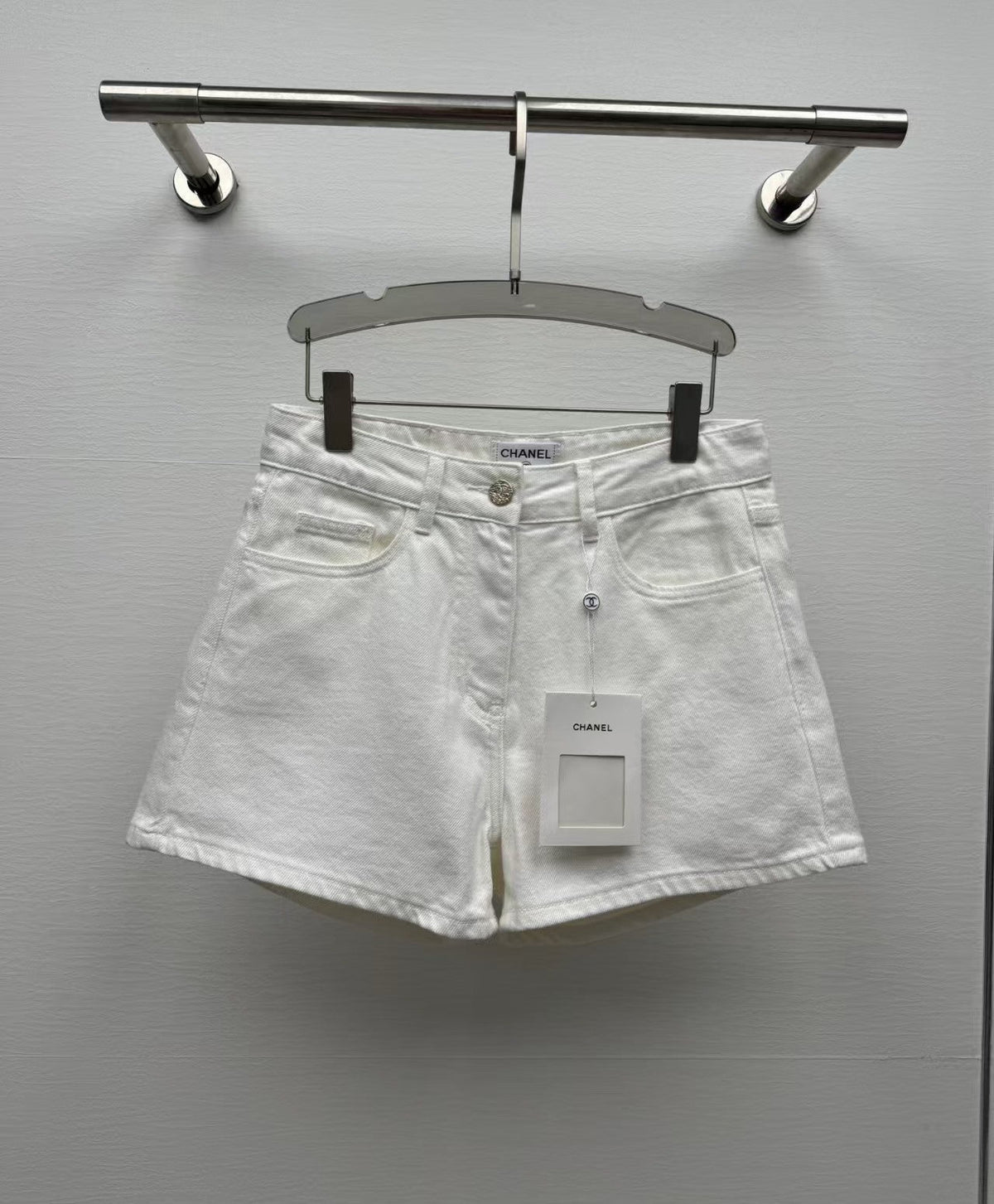 printed denim shorts