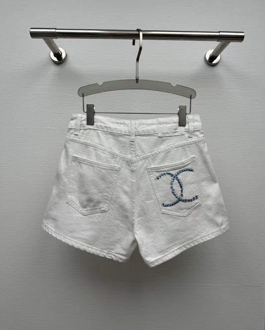 printed denim shorts