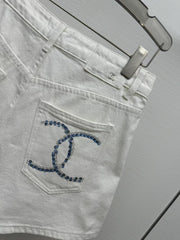 printed denim shorts