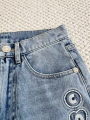 2025 Summer New Arrival Small Fragrance Coco Embroidered Denim Shorts  SML