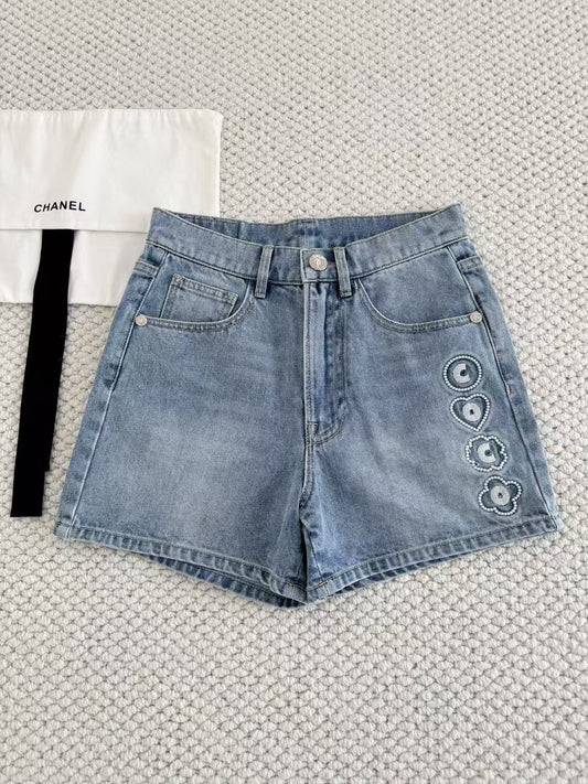 2025 Summer New Arrival Small Fragrance Coco Embroidered Denim Shorts  SML