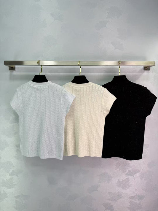 2025 New Arrivals Pearl Round Neck Knitted Short Sleeve
