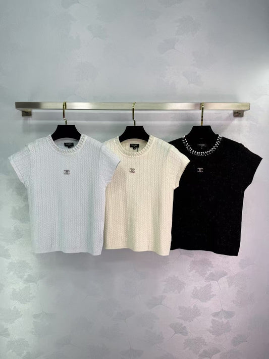 2025 New Arrivals Pearl Round Neck Knitted Short Sleeve