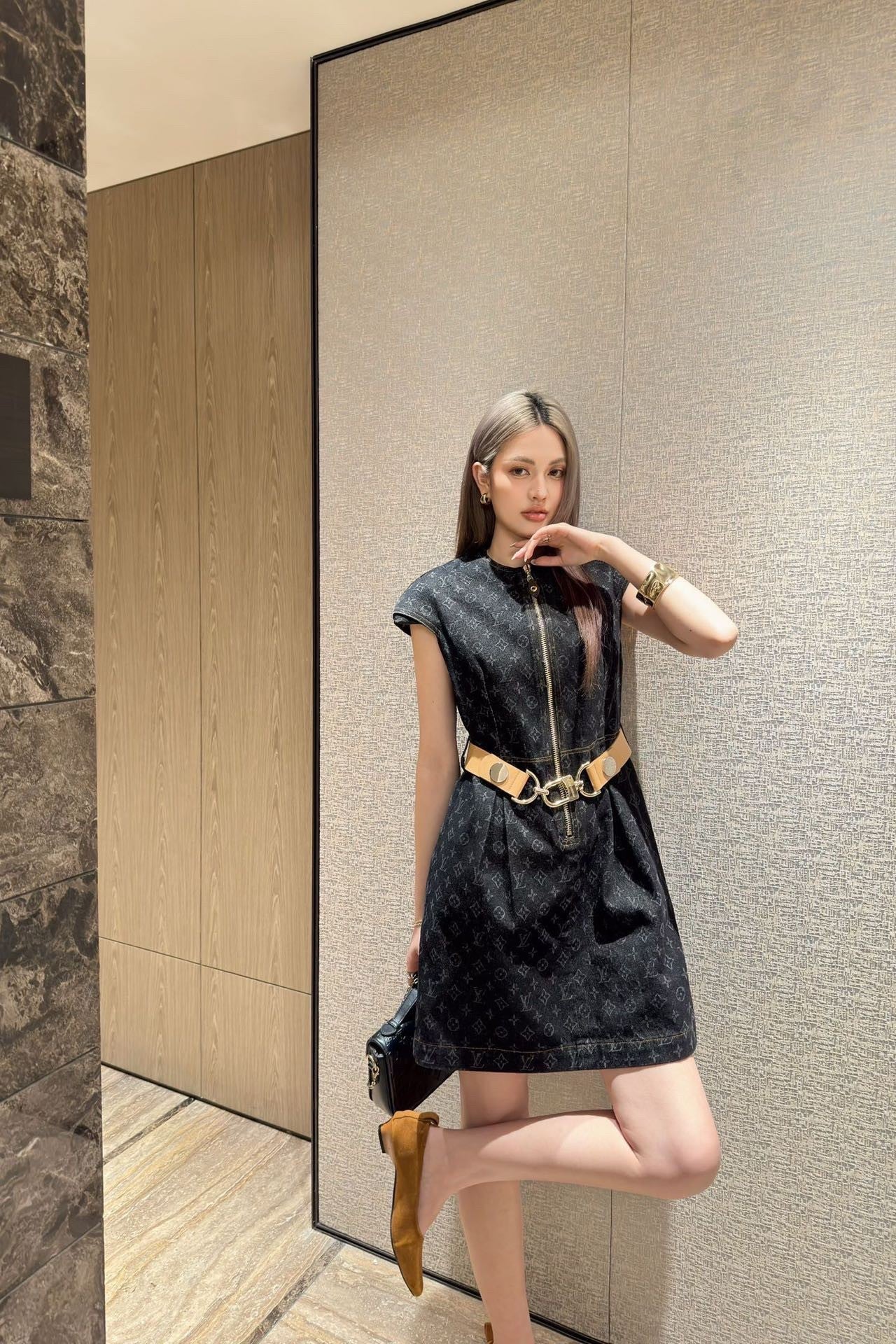 Monogram Denim Dress with Belt