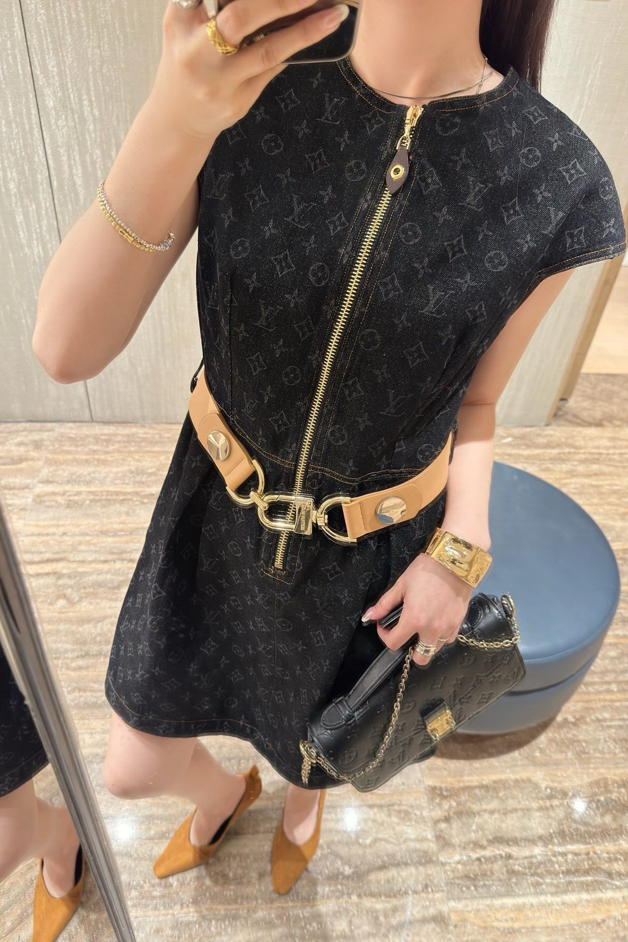 Monogram Denim Dress with Belt