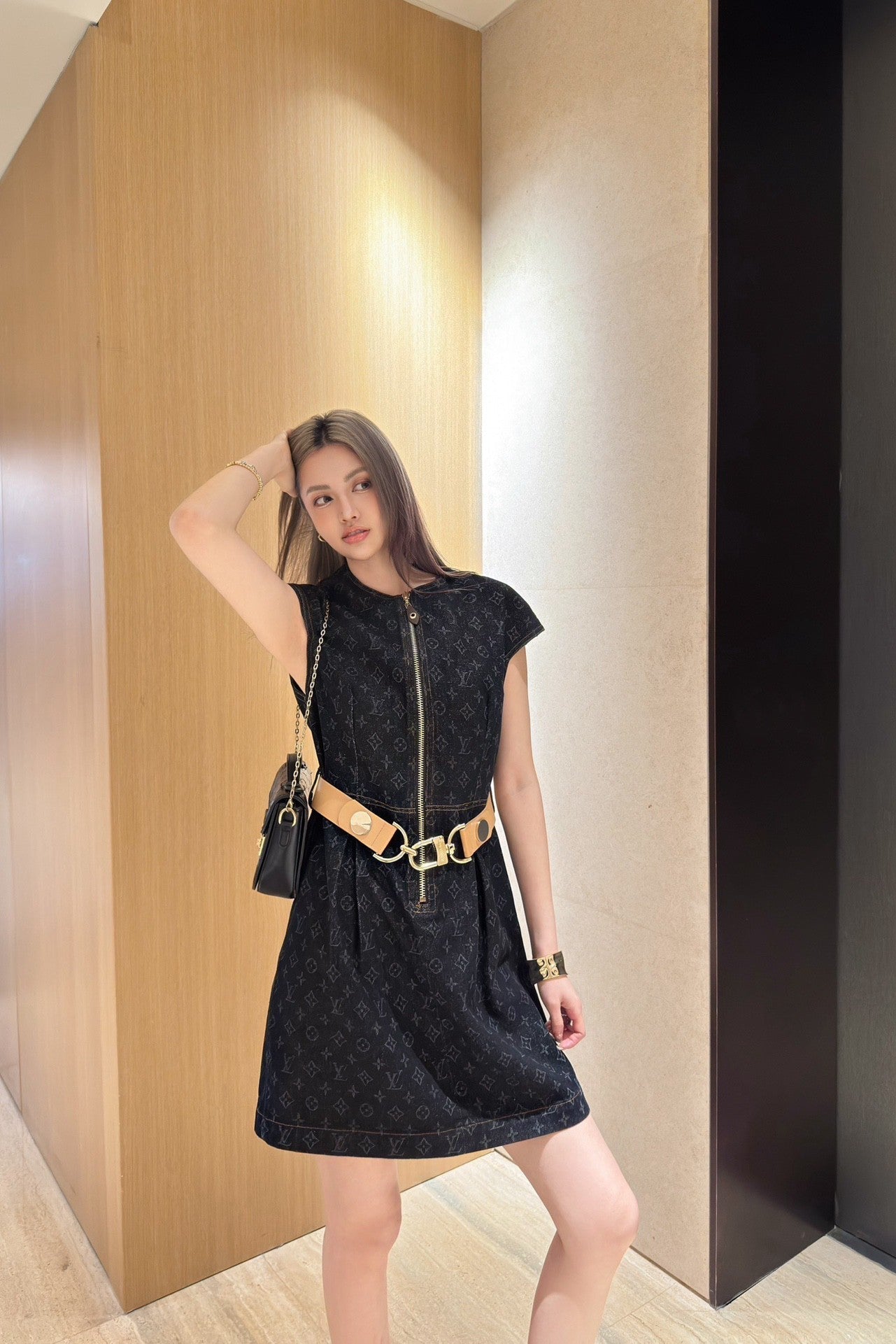 Monogram Denim Dress with Belt