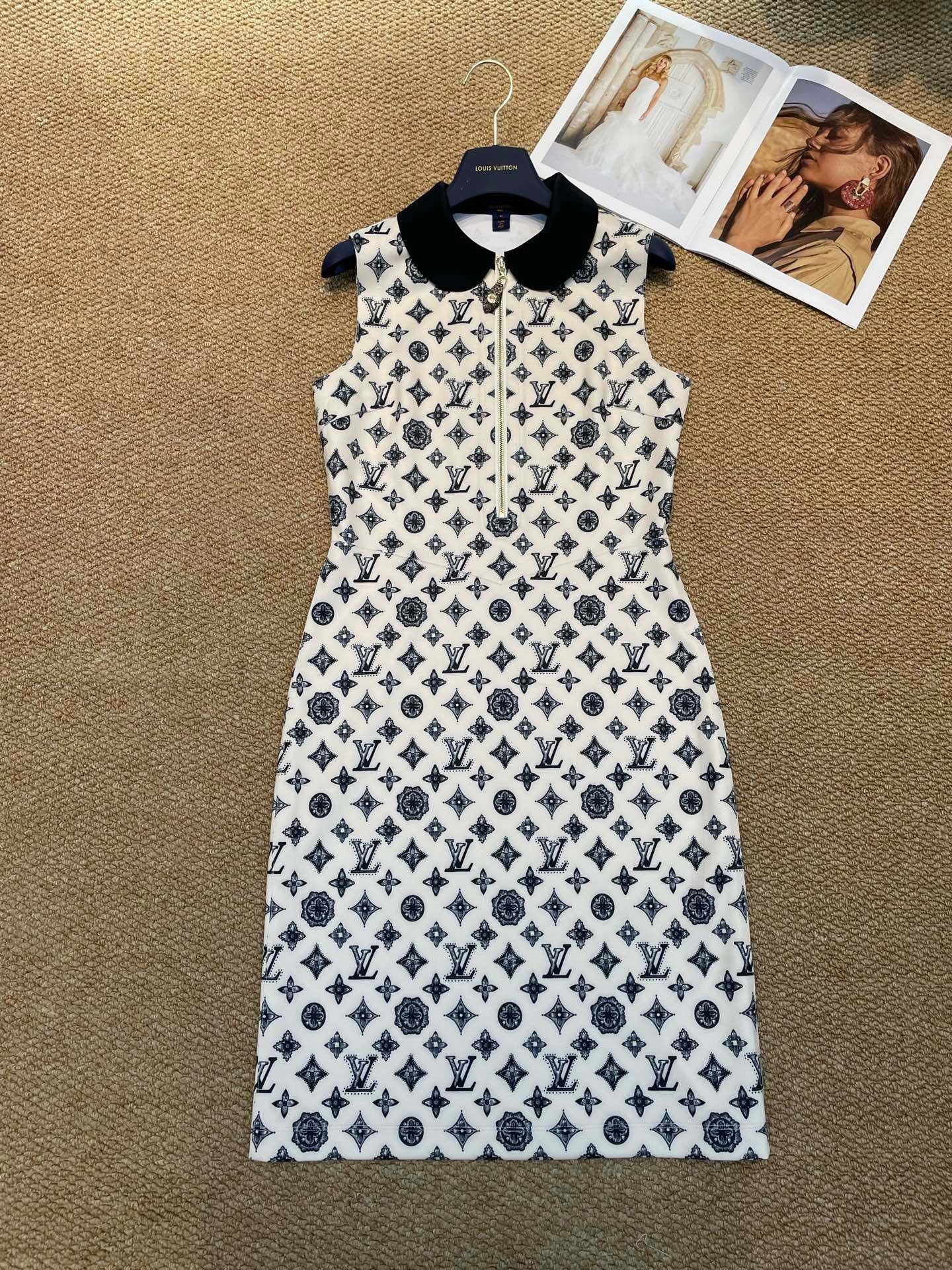 Monogram Sheath Dress with Contrast Peter Pan Collar