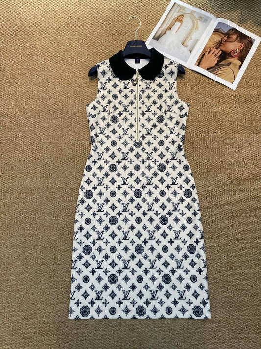 Monogram Sheath Dress with Contrast Peter Pan Collar