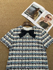 Tweed Shift Dress with Bow & Crystal Accent