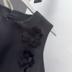 Black Satin Shift Dress with 3D Floral Embellishments