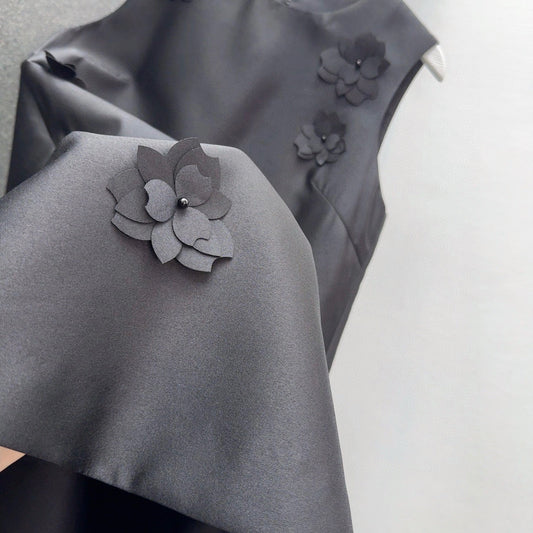 Black Satin Shift Dress with 3D Floral Embellishments