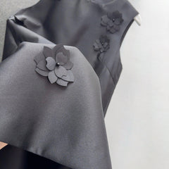 Black Satin Shift Dress with 3D Floral Embellishments