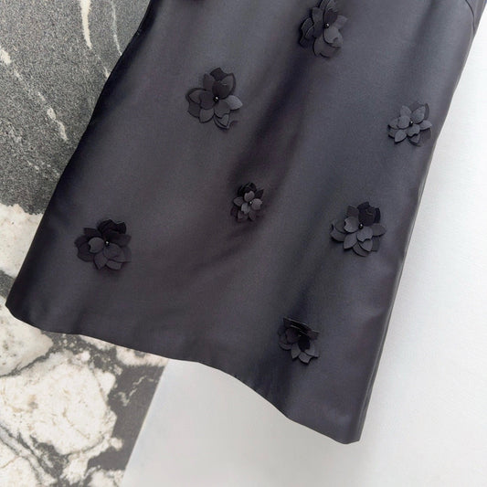 Black Satin Shift Dress with 3D Floral Embellishments