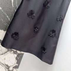 Black Satin Shift Dress with 3D Floral Embellishments