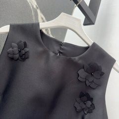 Black Satin Shift Dress with 3D Floral Embellishments