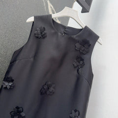 Black Satin Shift Dress with 3D Floral Embellishments