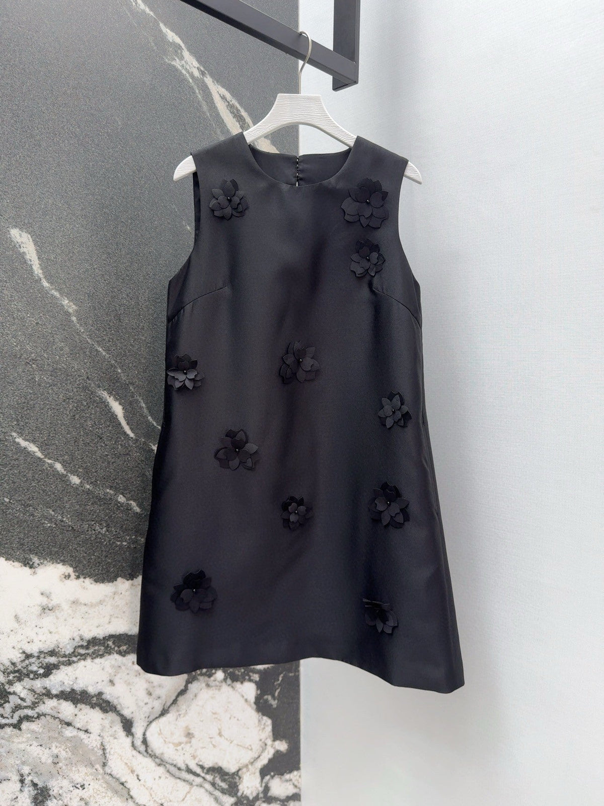 Black Satin Shift Dress with 3D Floral Embellishments