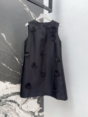 Black Satin Shift Dress with 3D Floral Embellishments