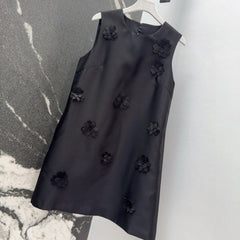 Black Satin Shift Dress with 3D Floral Embellishments