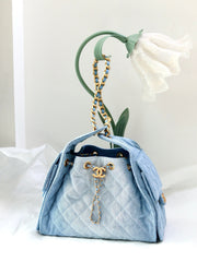 Denim Quilted Bucket Bag with Contrast Chain