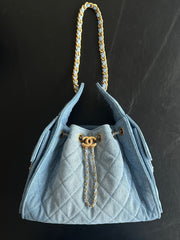 Denim Quilted Bucket Bag with Contrast Chain