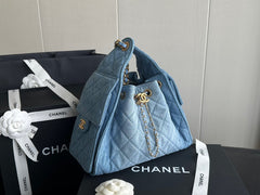 Denim Quilted Bucket Bag with Contrast Chain