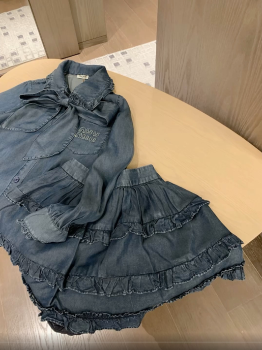 Set aus Tencel-Jeanshemd mit Rüschensaum und jugendlichem Rock~~Hochwertig 