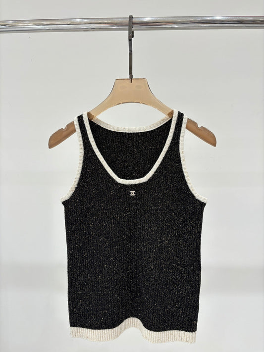 Débardeur en tricot tweed noir et blanc à motifs métallisés 