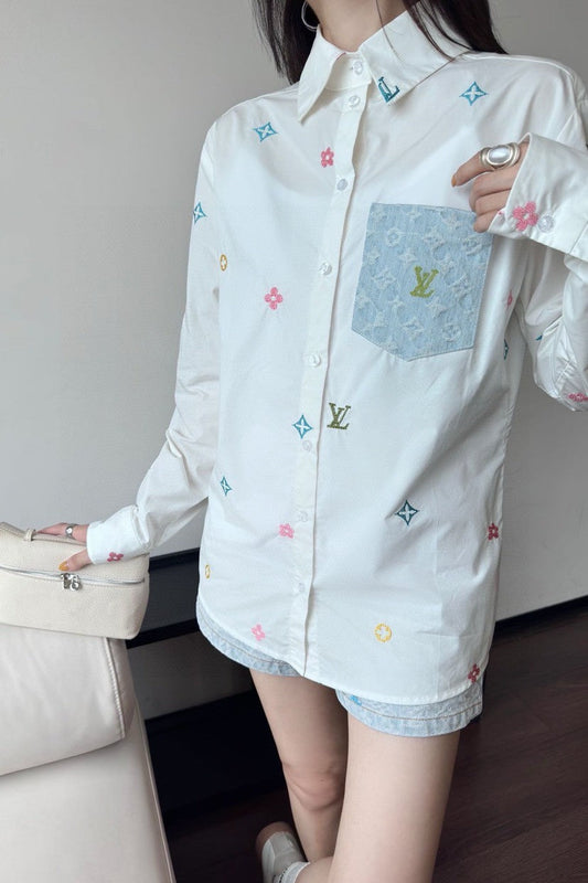 Chemises brodées bicolores avec poche en denim 