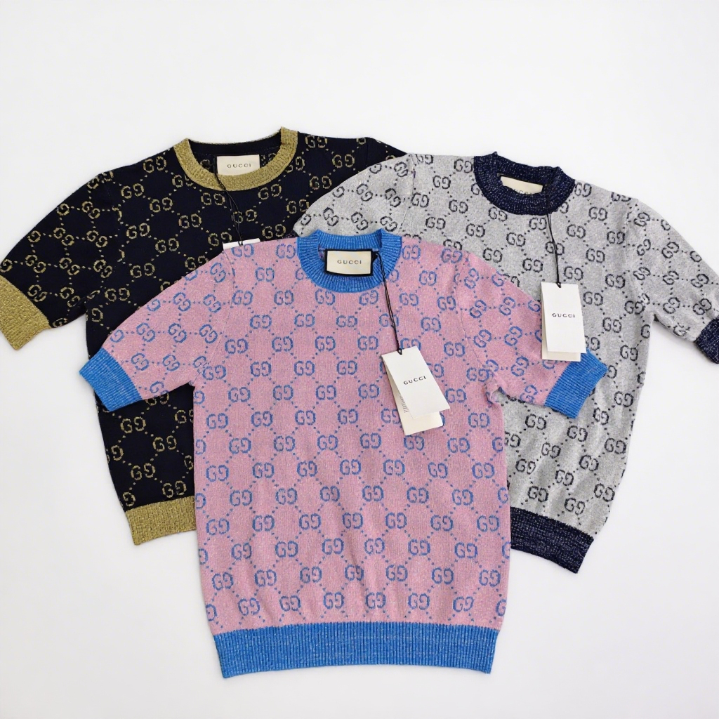 Metallic Yarn Color-Block GG Knit T-Shirt